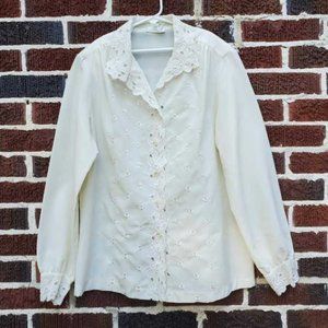 Vintage 80s women's 12 Lainee lace detail ivory blouse shirt with shoulder pads